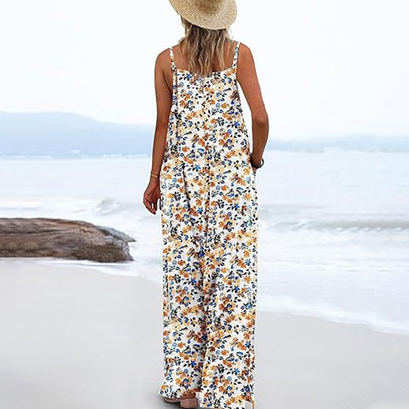 🏖️Soldes d'été 50% de réduction !🌼Combinaison d'été bohème à jambes larges et poches pour femmes