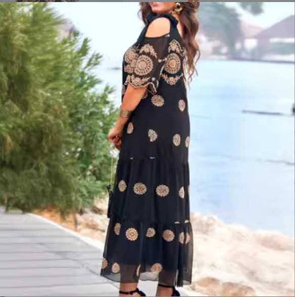 🥰 Robe d'été creuse à manches courtes, jupe longue ample imprimée