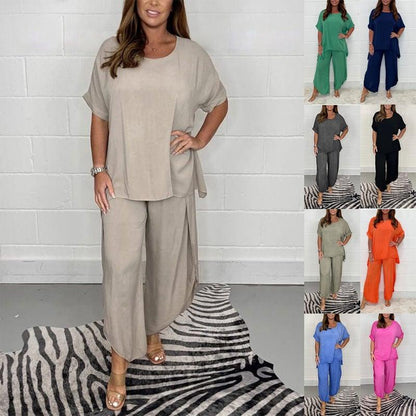 ❤️‍🔥Ensemble 2 pièces décontracté en coton et lin de couleur unie pour femme🔥
