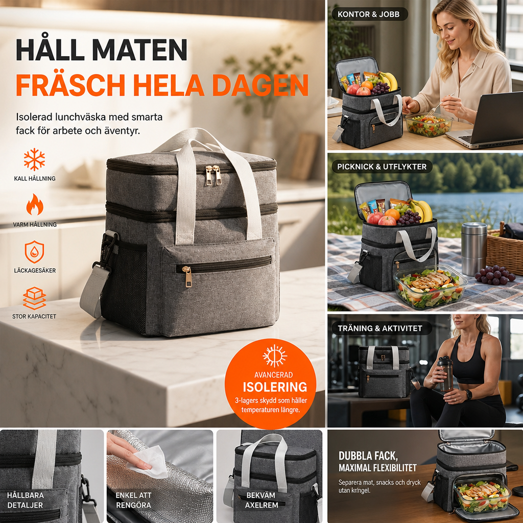 🎁 50% RABATT 🔥 Dubbellagad isolerad matväska, termisk, håller maten fräsch hela dagen 🥗