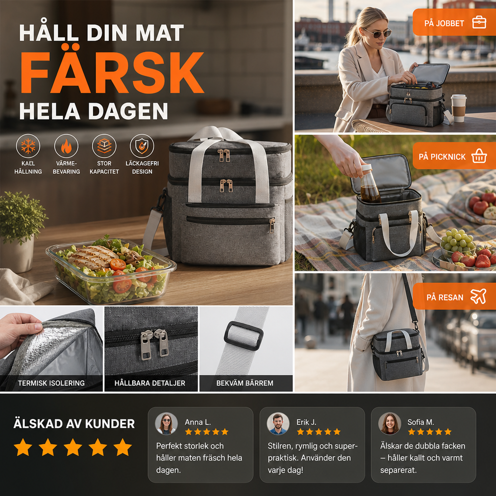 🎁 50% RABATT 🔥 Dubbellagad isolerad matväska, termisk, håller maten fräsch hela dagen 🥗