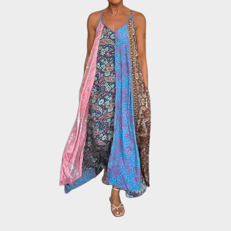 Robe longue relaxante à bretelles spaghetti imprimée pour femmes