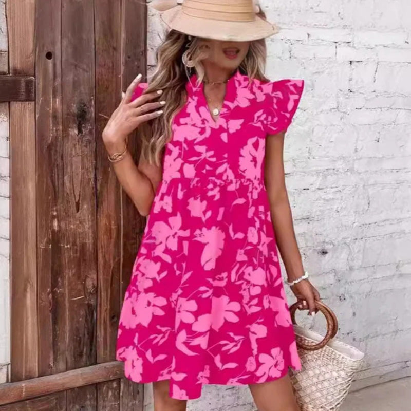Robe imprimée en V manche en V Ruffle