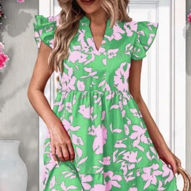 Robe imprimée en V manche en V Ruffle