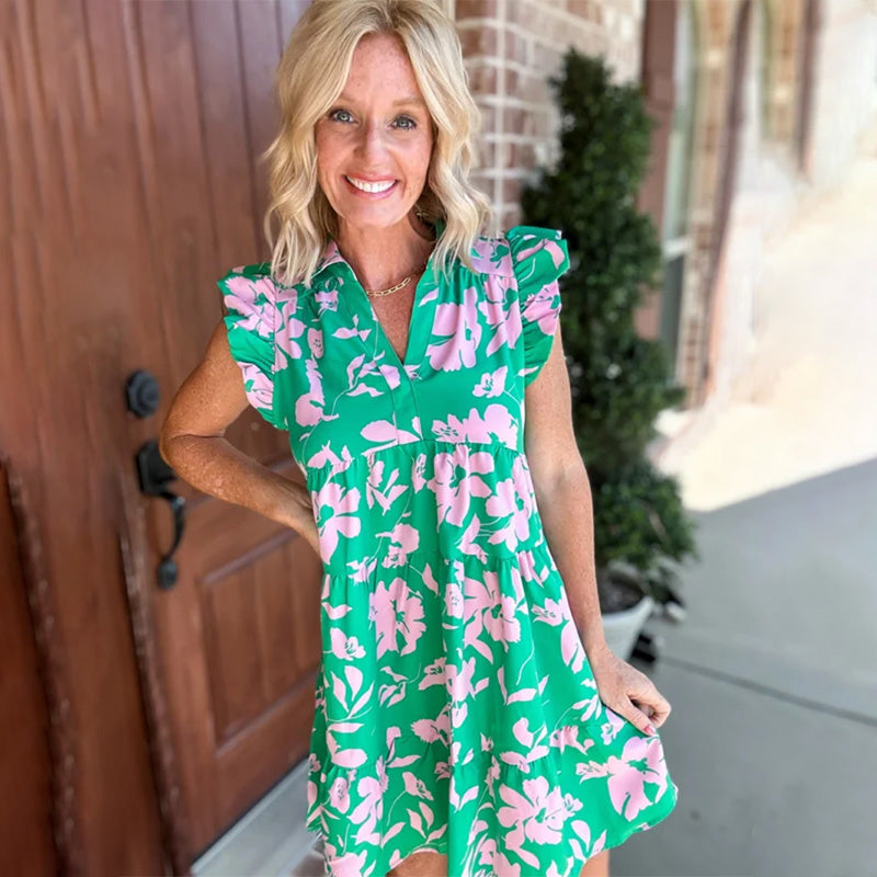 Robe imprimée en V manche en V Ruffle
