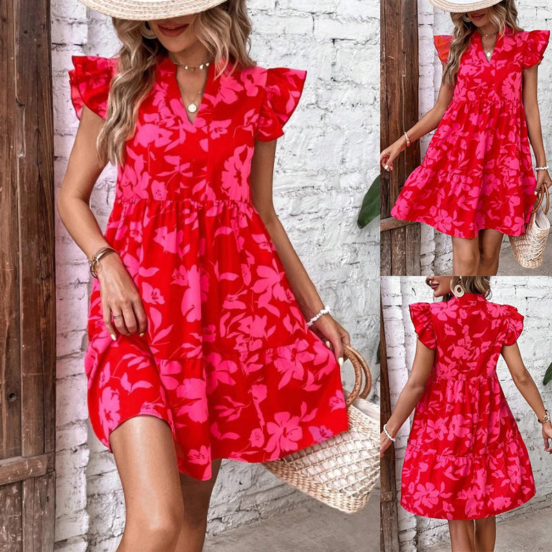 Robe imprimée en V manche en V Ruffle
