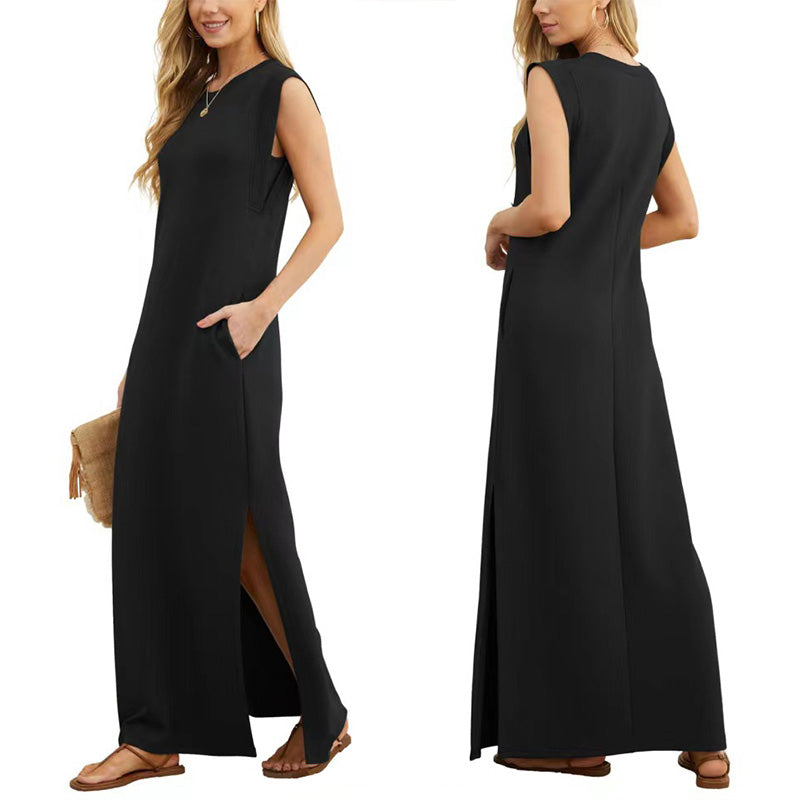 Robe décontractée sans rides pour femmes avec ourlet fendu