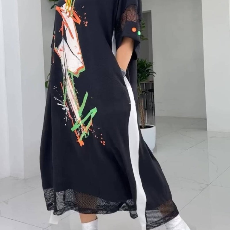 Robe à capuche ample décontractée et imprimée avec cordon de serrage pour femme