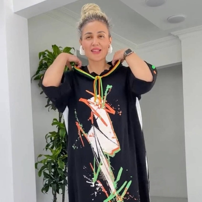 Robe à capuche ample décontractée et imprimée avec cordon de serrage pour femme