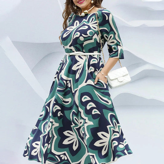 Robe longue à col rond, imprimée et ceinturée