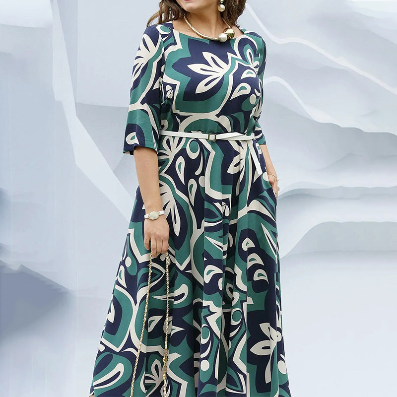 Robe longue à col rond, imprimée et ceinturée