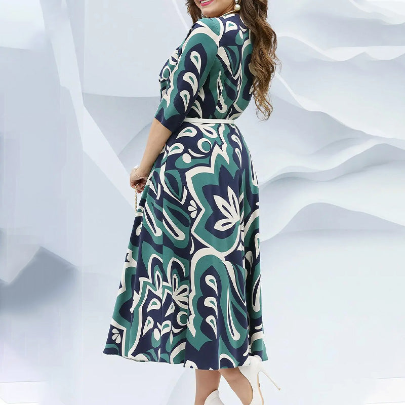 Robe longue à col rond, imprimée et ceinturée