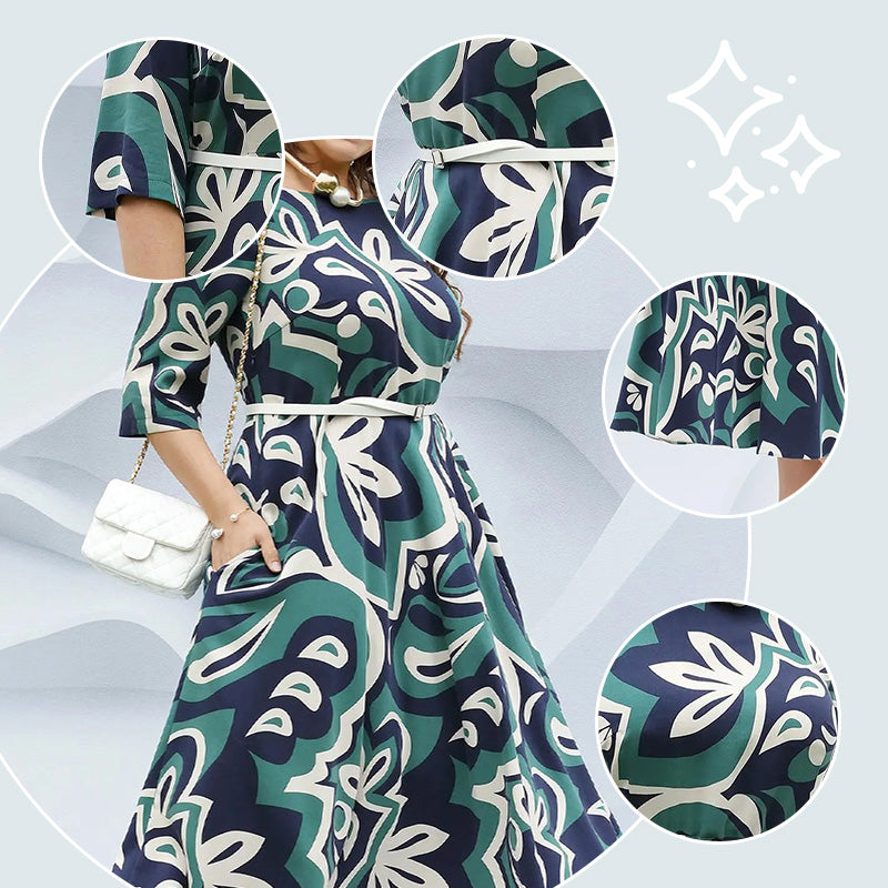 Robe longue à col rond, imprimée et ceinturée