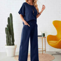 Ensemble 2 pièces - Top décontracté et pantalon à cordon de serrage - couleur unie