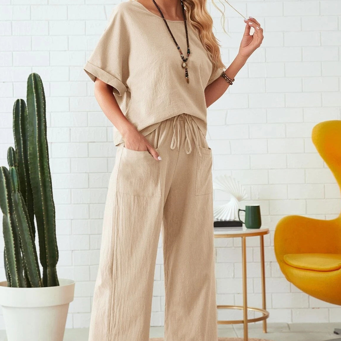 Ensemble 2 pièces - Top décontracté et pantalon à cordon de serrage - couleur unie