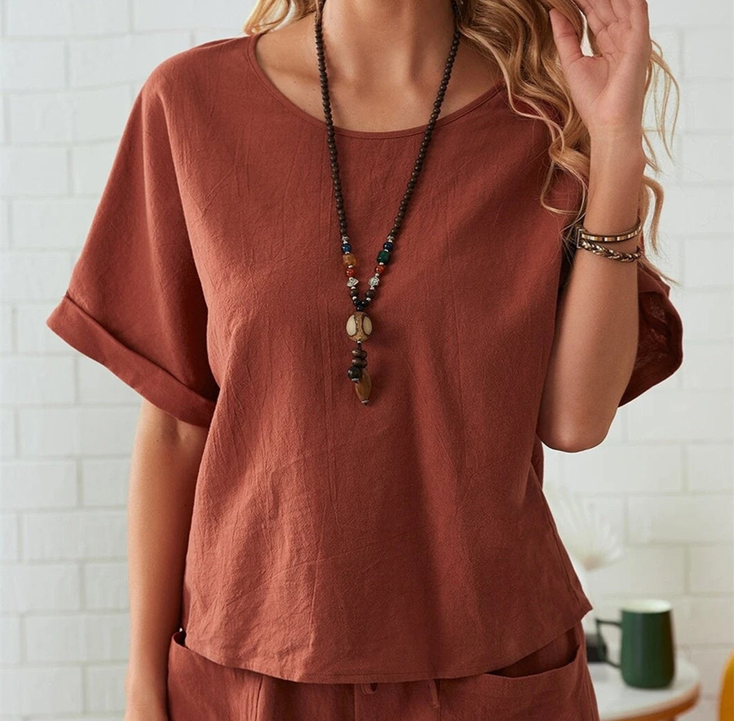 Ensemble 2 pièces - Top décontracté et pantalon à cordon de serrage - couleur unie