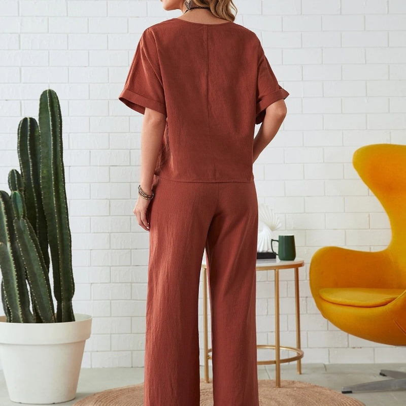 Ensemble 2 pièces - Top décontracté et pantalon à cordon de serrage - couleur unie