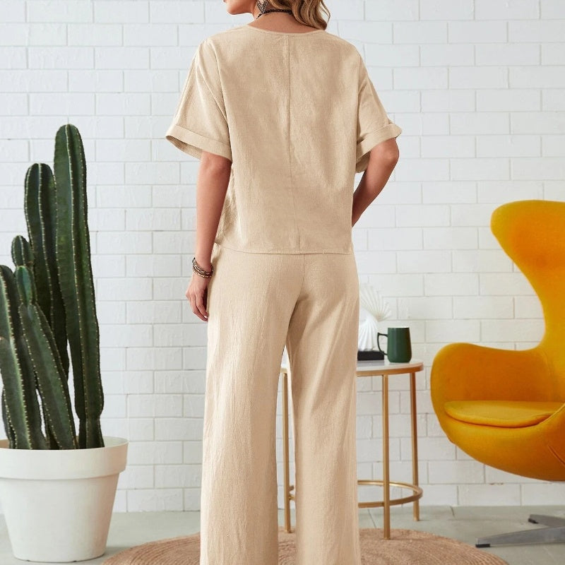 Ensemble 2 pièces - Top décontracté et pantalon à cordon de serrage - couleur unie