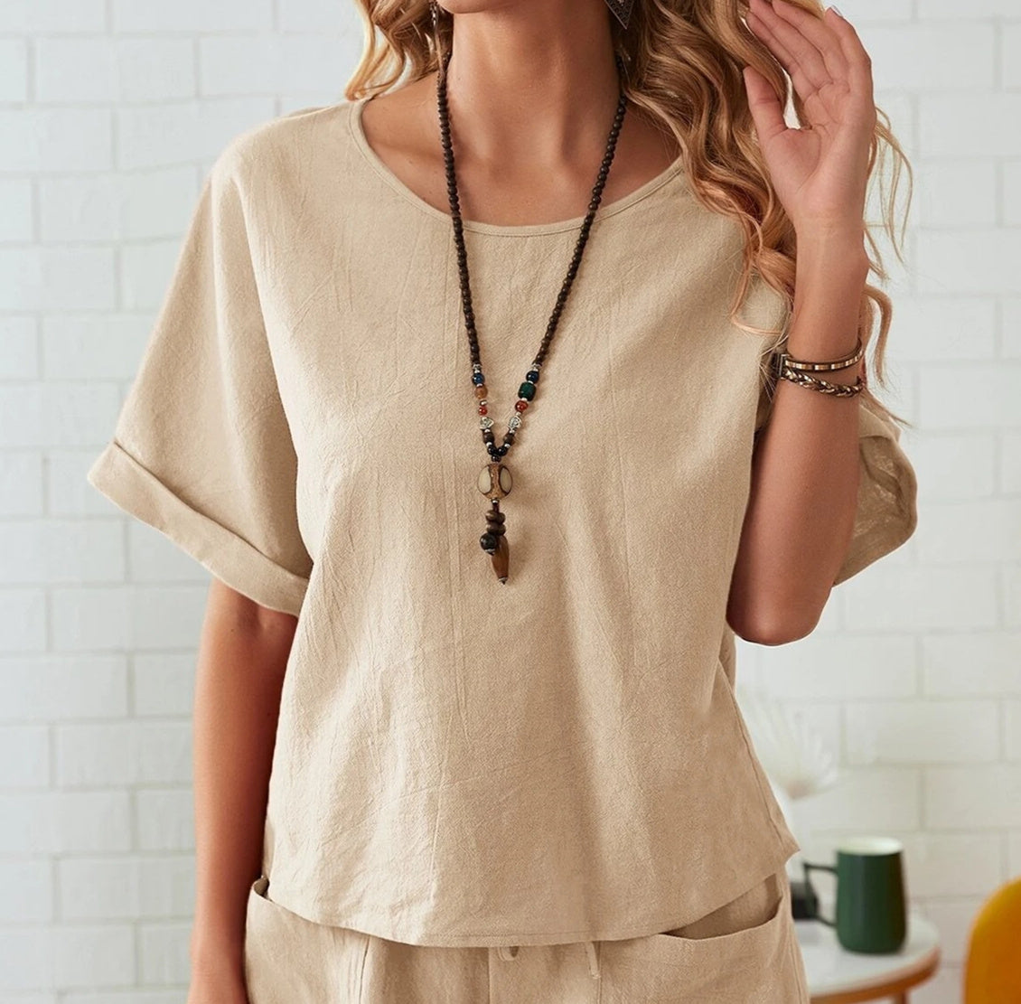 Ensemble 2 pièces - Top décontracté et pantalon à cordon de serrage - couleur unie