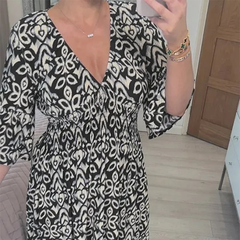 🔥50% de réduction  😍Robe longue à encolure en V et imprimé bohémien décontracté