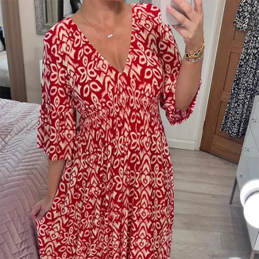 🔥50% de réduction  😍Robe longue à encolure en V et imprimé bohémien décontracté