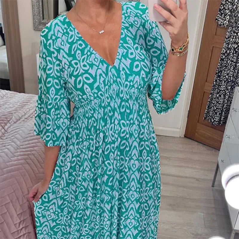 🔥50% de réduction  😍Robe longue à encolure en V et imprimé bohémien décontracté