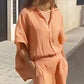 Ensemble deux pièces pour femmes: costume décontracté ample en coton et lin de couleur unie à revers