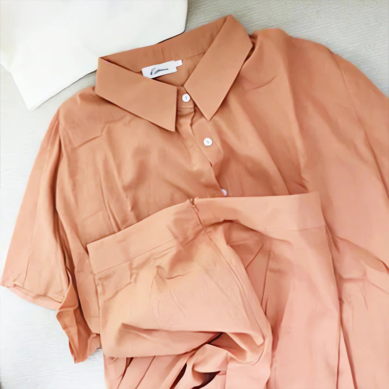 Ensemble deux pièces pour femmes: costume décontracté ample en coton et lin de couleur unie à revers