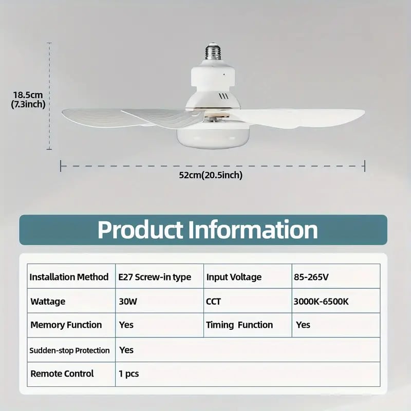 Ventilateur de Plafond Portable 2-en-1 avec Télécommande et Lampe