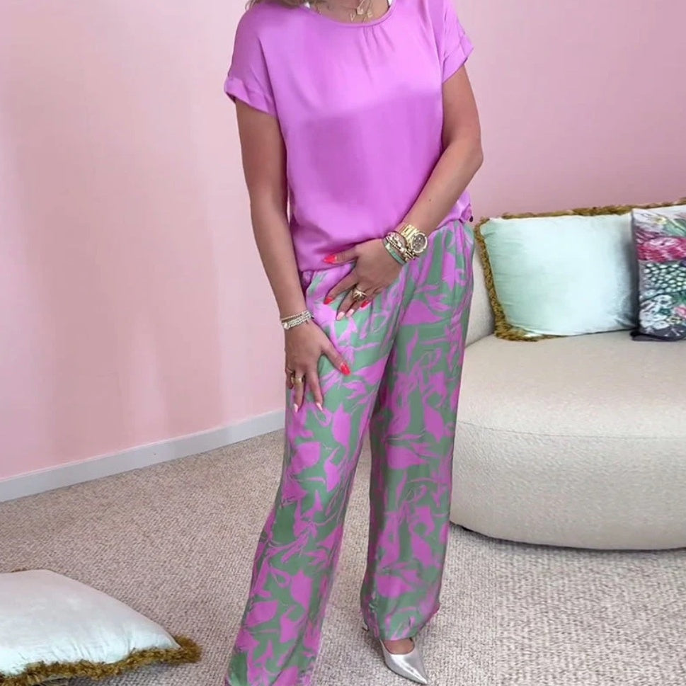 Ensemble 2 pièces : Haut & Pantalon Imprimé à Jambes Larges