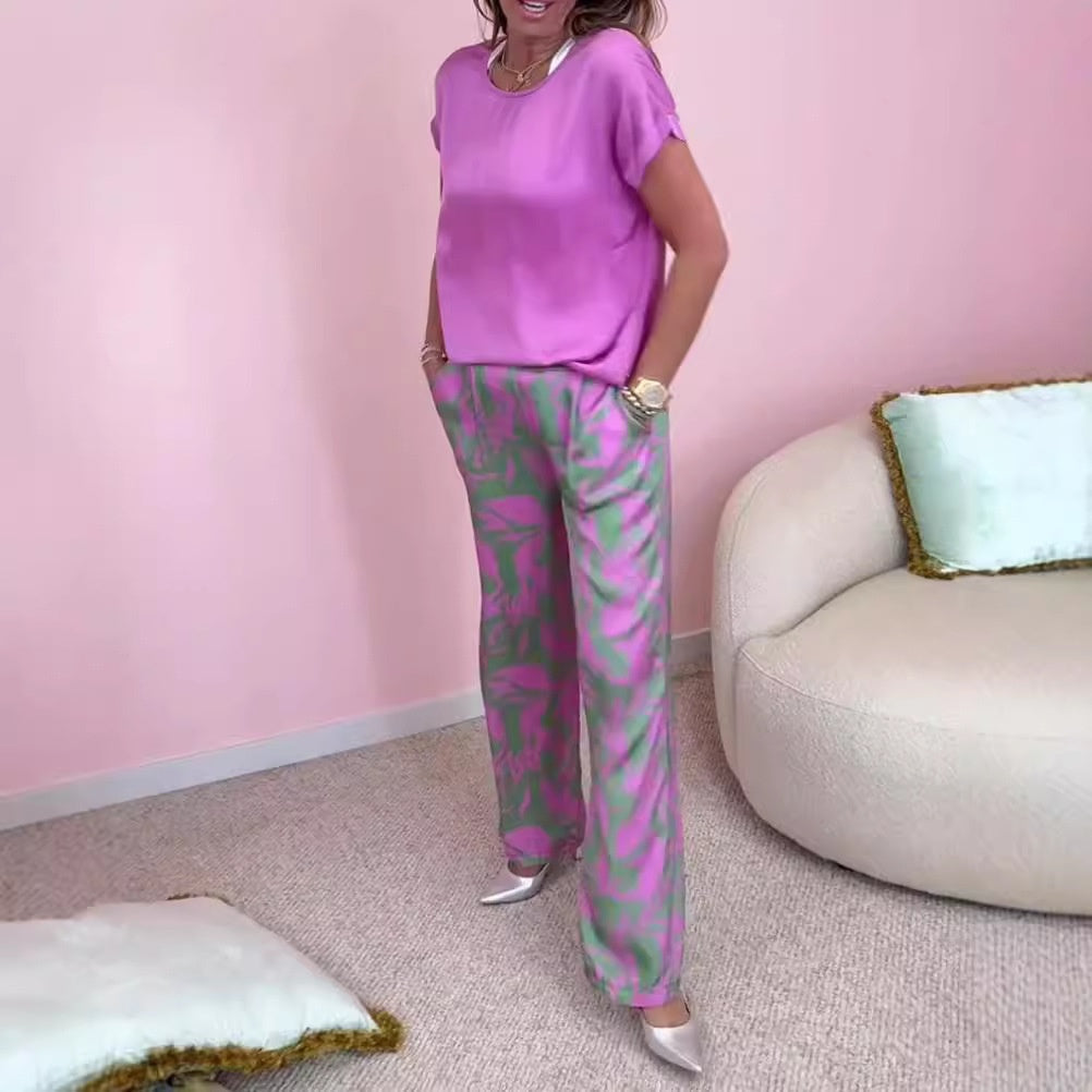 Ensemble 2 pièces : Haut & Pantalon Imprimé à Jambes Larges