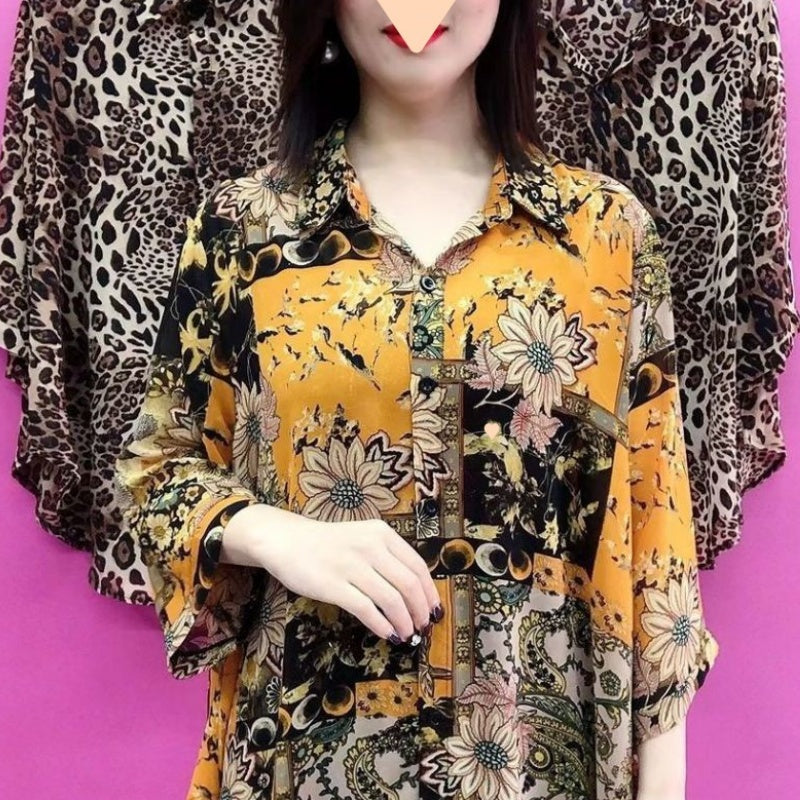 Chemise Ample Légère Mi-longue Imprimée avec Col à Revers pour Femmes