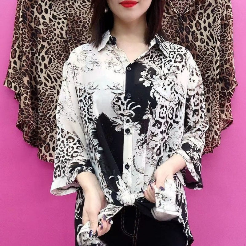 Chemise Ample Légère Mi-longue Imprimée avec Col à Revers pour Femmes