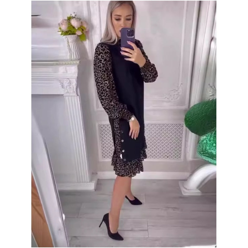 👗Mode automne-hiver robe patchwork à manches longues imprimée léopard