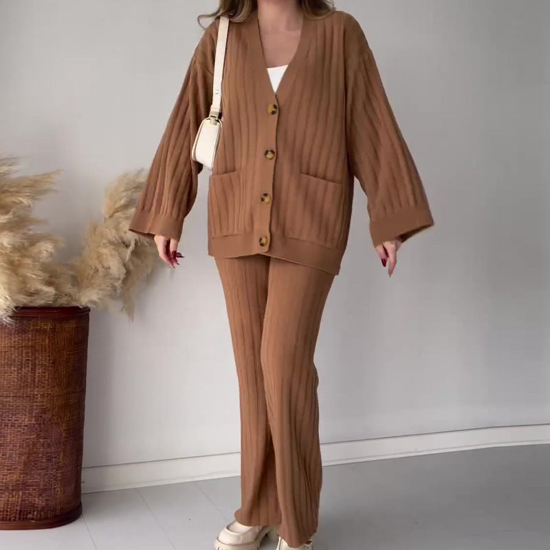 Spécial Automne – Nouveau Ensemble Deux Pièces Décontracté en Tricot de Couleur Unie pour Femme