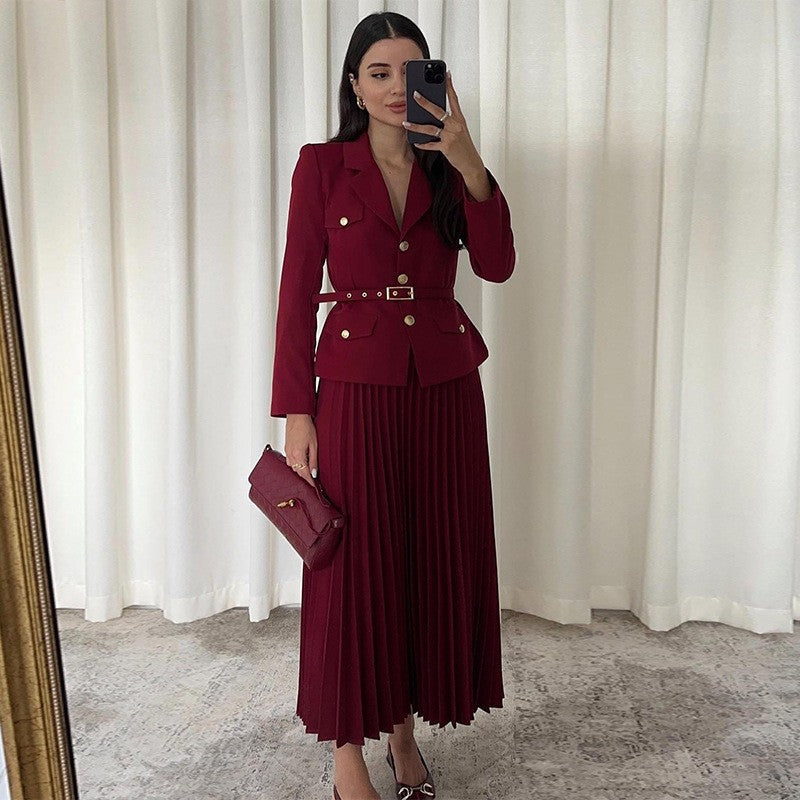 Ensemble de 2 Pièces pour Femme : Blazer à Revers avec Ceinture Assortie & Jupe Longue Plissée