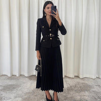 Ensemble de 2 Pièces pour Femme : Blazer à Revers avec Ceinture Assortie & Jupe Longue Plissée