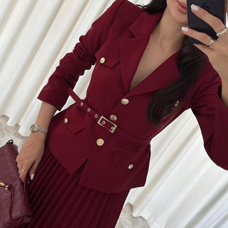 Ensemble de 2 Pièces pour Femme : Blazer à Revers avec Ceinture Assortie & Jupe Longue Plissée