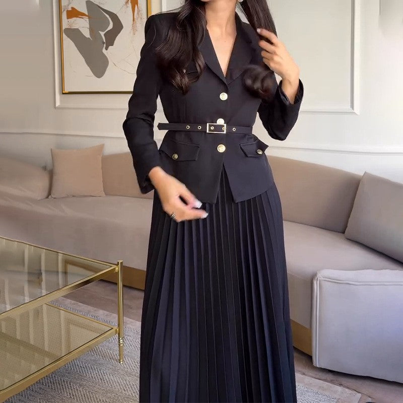 Ensemble de 2 Pièces pour Femme : Blazer à Revers avec Ceinture Assortie & Jupe Longue Plissée