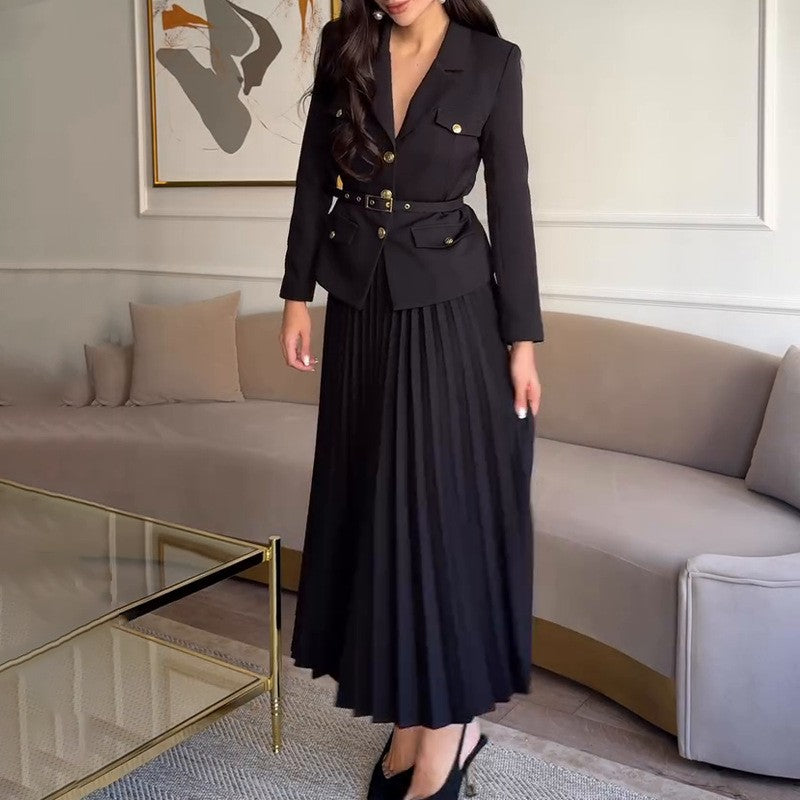 Ensemble de 2 Pièces pour Femme : Blazer à Revers avec Ceinture Assortie & Jupe Longue Plissée