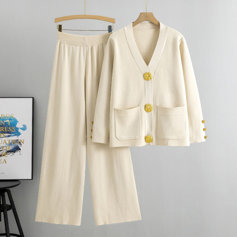 Ensemble de 2 Pièces de Pull à Boutons et Pantalon à Jambes Larges pour Femmes