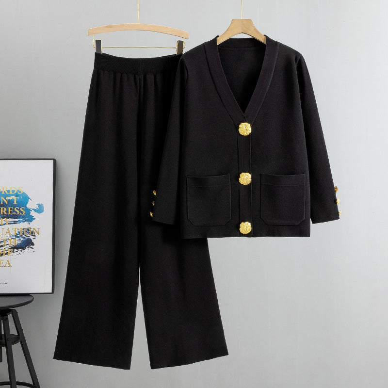 Ensemble de 2 Pièces de Pull à Boutons et Pantalon à Jambes Larges pour Femmes