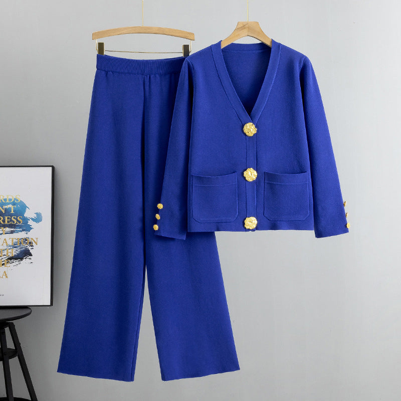 Ensemble de 2 Pièces de Pull à Boutons et Pantalon à Jambes Larges pour Femmes