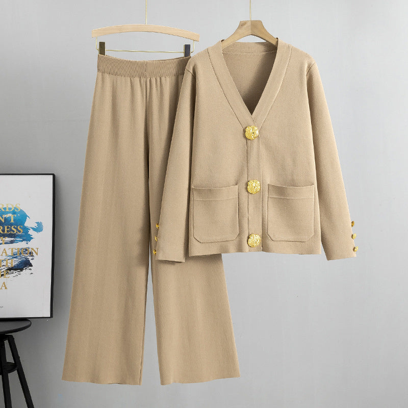 Ensemble de 2 Pièces de Pull à Boutons et Pantalon à Jambes Larges pour Femmes