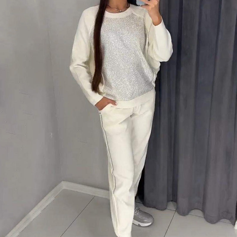Ensemble 2 pièces de sweatshirt et de pantalons décontractés à paillettes et à strass pour femmes