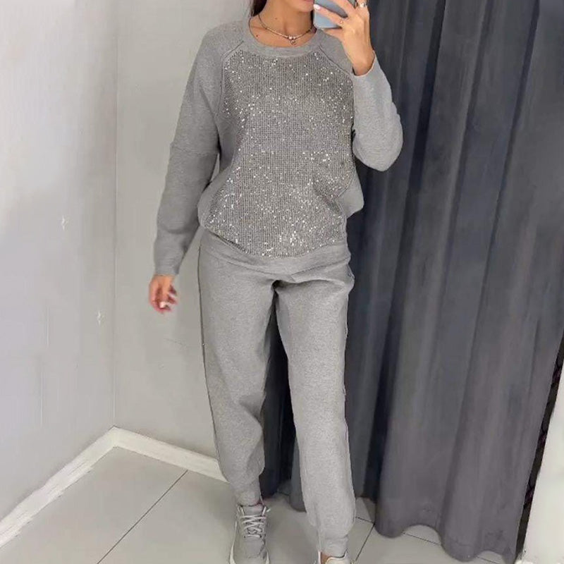 Ensemble 2 pièces de sweatshirt et de pantalons décontractés à paillettes et à strass pour femmes