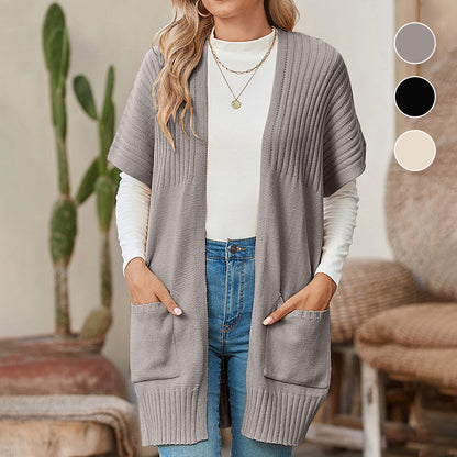 🎁✨Vente à chaud🔥Veste longue unie pour femme, ouverte sur le devant, avec poches ✈️Expédition incluse