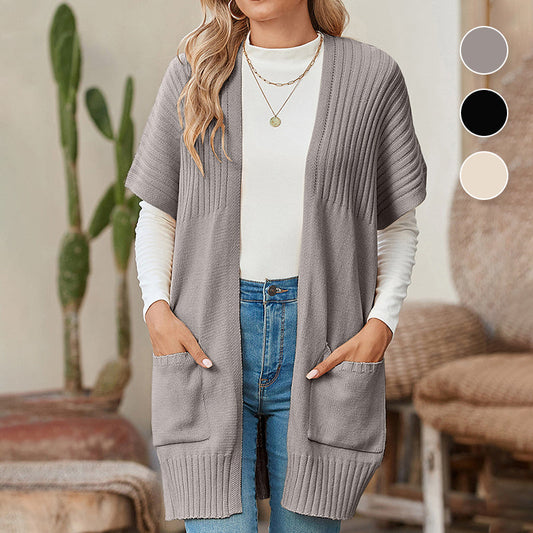 🎁✨Vente à chaud🔥Veste longue unie pour femme, ouverte sur le devant, avec poches ✈️Expédition incluse