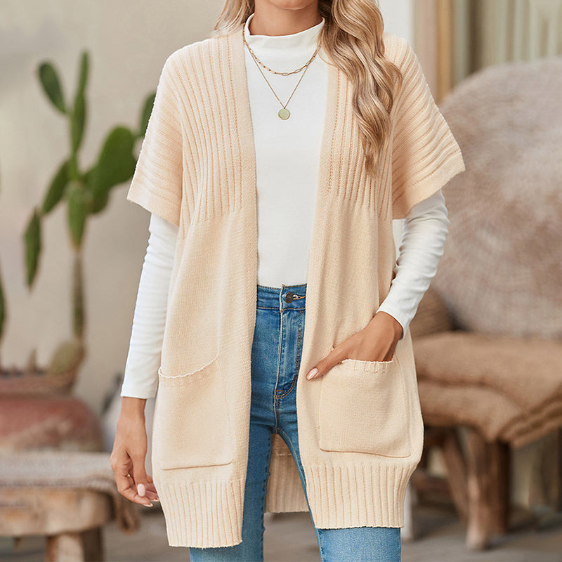 🎁✨Vente à chaud🔥Veste longue unie pour femme, ouverte sur le devant, avec poches ✈️Expédition incluse