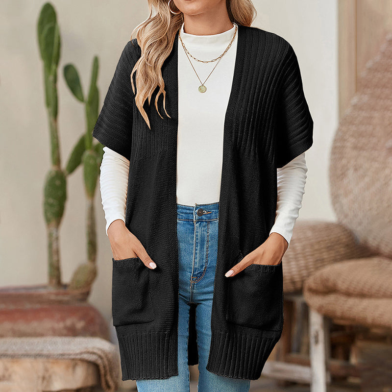 🎁✨Vente à chaud🔥Veste longue unie pour femme, ouverte sur le devant, avec poches ✈️Expédition incluse